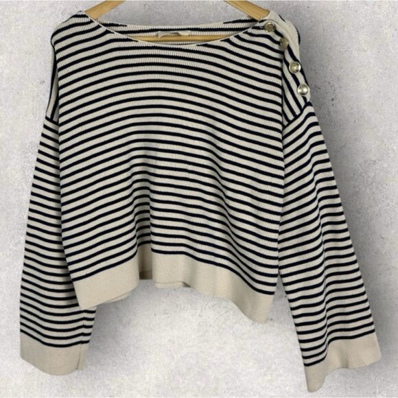 Sezane Daisy Jumper Sweater Natural Navy Blue Striped Size Large Gold Buttons - Picture 3 of 14
